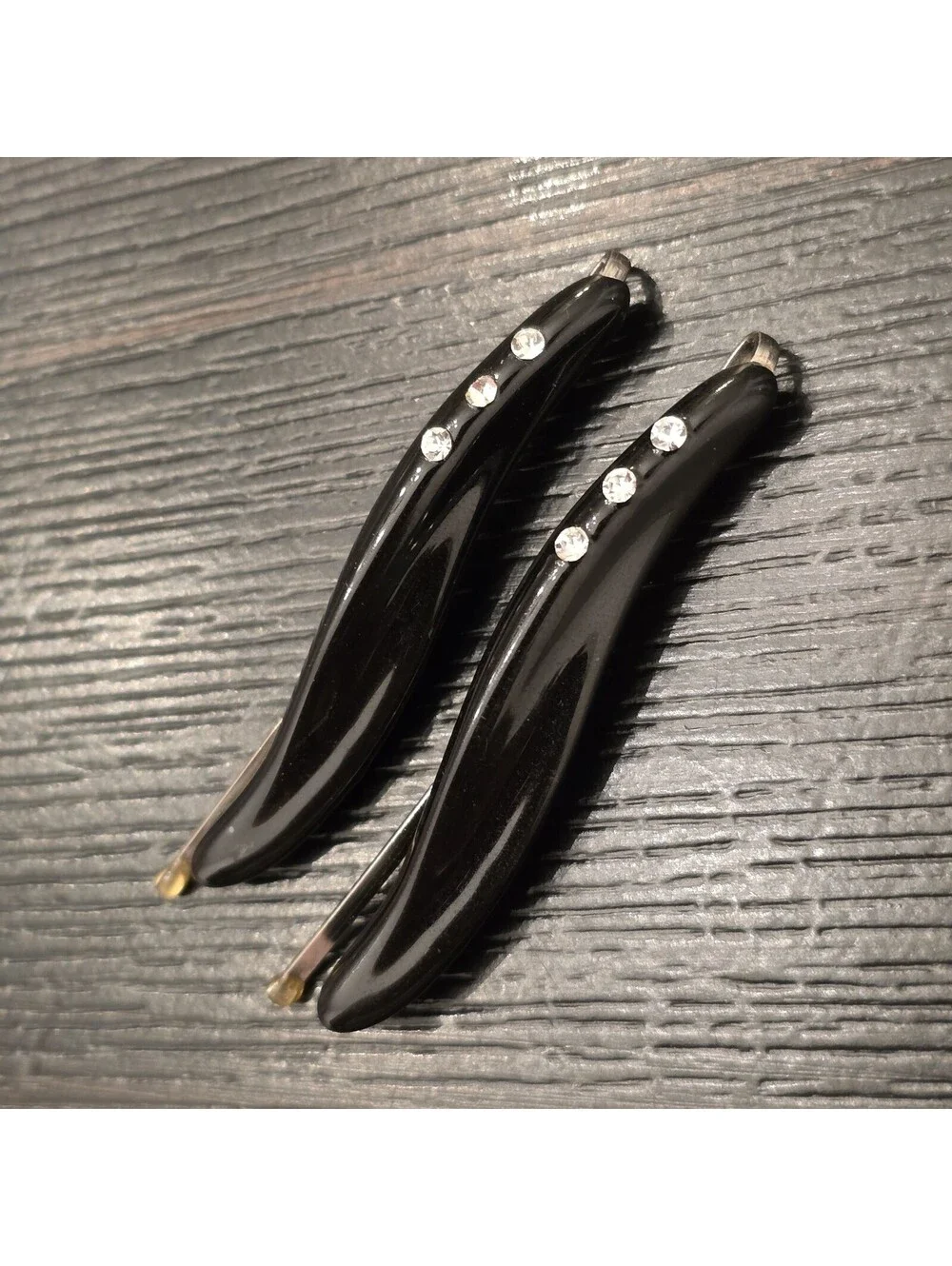 Vintage Black Lucite Hair Barrettes Rhinestone Accent French Slide Clips 2pcs